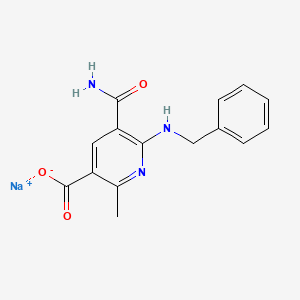 molecular formula C15H14N3NaO3 B12700410 3-Pyridinecarboxylic acid, 5-(aminocarbonyl)-2-methyl-6-((phenylmethyl)amino)-, monosodium salt CAS No. 137664-21-2