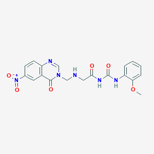 molecular formula C19H18N6O6 B12702179 Acetamide, N-(((2-methoxyphenyl)amino)carbonyl)-2-(((6-nitro-4-oxo-3(4H)-quinazolinyl)methyl)amino)- CAS No. 86816-95-7