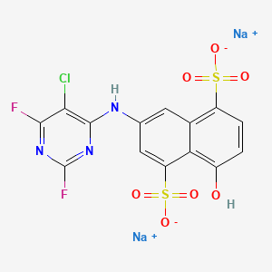 molecular formula C14H6ClF2N3Na2O7S2 B12703133 Disodium 3-((5-chloro-2,6-difluoro-4-pyrimidinyl)amino)-8-hydroxynaphthalene-1,5-disulphonate CAS No. 84145-63-1