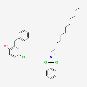 molecular formula C34H46Cl3NO B12705729 (ar,ar-Dichlorobenzyl)dodecyldimethylammonium 4-chloro-alpha-phenyl-o-cresolate CAS No. 85940-47-2