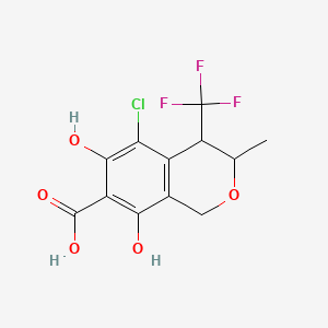 molecular formula C12H10ClF3O5 B12705924 1H-2-Benzopyran-7-carboxylic acid, 3,4-dihydro-5-chloro-6,8-dihydroxy-3-methyl-4-(trifluoromethyl)- CAS No. 142689-04-1