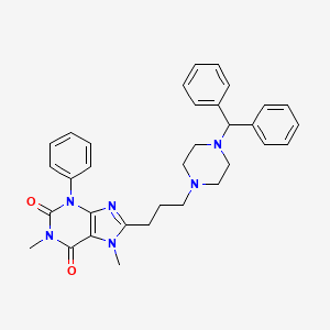 molecular formula C33H36N6O2 B12706239 1H-Purine-2,6-dione, 3,7-dihydro-1,7-dimethyl-8-(3-(4-(diphenylmethyl)-1-piperazinyl)propyl)-3-phenyl- CAS No. 90749-41-0