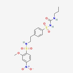 molecular formula C19H24N4O8S2 B12706689 Benzenesulfonamide, 2-methoxy-4-nitro-N-(2-(4-((((propylamino)carbonyl)amino)sulfonyl)phenyl)ethyl)- CAS No. 81514-31-0