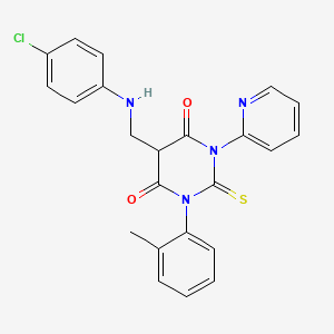 molecular formula C23H19ClN4O2S B12706846 4,6(1H,5H)-Pyrimidinedione, dihydro-5-(((4-chlorophenyl)amino)methyl)-1-(2-methylphenyl)-3-(2-pyridinyl)-2-thioxo- CAS No. 156338-83-9