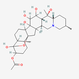 molecular formula C29H45NO8 B12707909 Cevane-3beta,4beta,14,15alpha,16beta,20-hexol, 4,9-epoxy-, 3-acetate CAS No. 2777-79-9