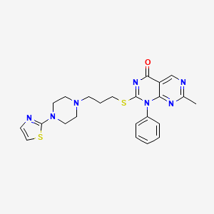 molecular formula C23H25N7OS2 B12707910 Pyrimido(4,5-d)pyrimidin-4(1H)-one, 7-methyl-1-phenyl-2-((3-(4-(2-thiazolyl)-1-piperazinyl)propyl)thio)- CAS No. 142287-40-9