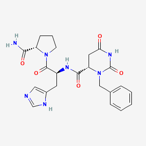 molecular formula C23H27N7O5 B12710437 L-Prolinamide, N-((hexahydro-2,6-dioxo-3-(phenylmethyl)-4-pyrimidinyl)carbonyl)-L-histidyl-, (S)-, hydrate CAS No. 128056-16-6