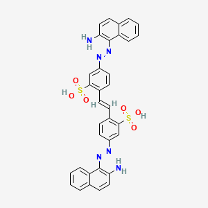 molecular formula C34H26N6O6S2 B12710908 Benzenesulfonic acid, 2,2'-((E)-1,2-ethenediyl)bis(5-((E)-(2-amino-1-naphthalenyl)azo)- CAS No. 5437-12-7