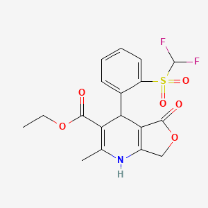 molecular formula C18H17F2NO6S B12710986 Furo(3,4-b)pyridine-3-carboxylic acid, 1,4,5,7-tetrahydro-4-(2-((difluoromethyl)sulfonyl)phenyl)-2-methyl-5-oxo-, ethyl ester CAS No. 172982-79-5