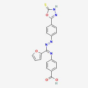 molecular formula C20H13N5O4S B12711074 Benzoic acid, 4-((((4-(4,5-dihydro-5-thioxo-1,3,4-oxadiazol-2-yl)phenyl)azo)-2-furanylmethylene)amino)- CAS No. 134895-18-4