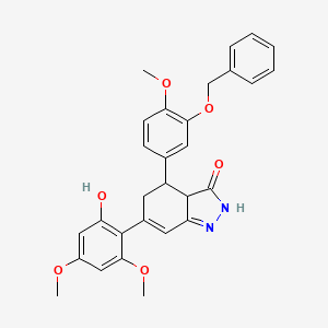 molecular formula C29H28N2O6 B12711213 3H-Indazol-3-one, 2,3a,4,5-tetrahydro-6-(2-hydroxy-4,6-dimethoxyphenyl)-4-(4-methoxy-3-((phenylmethoxy)phenyl)- CAS No. 111570-65-1