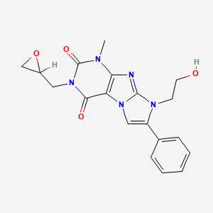 molecular formula C19H19N5O4 B12711283 1H-Imidazo(2,1-f)purine-2,4(3H,8H)-dione, 8-(2-hydroxyethyl)-1-methyl-3-(oxiranylmethyl)-7-phenyl- CAS No. 85592-17-2