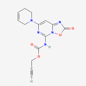 molecular formula C14H13N5O4 B12711532 Carbamic acid, (7-(3,6-dihydro-1(2H)-pyridinyl)-2-oxo-2H-(1,2,4)oxadiazolo(2,3-c)pyrimidin-5-yl)-, 2-propynyl ester CAS No. 83395-32-8