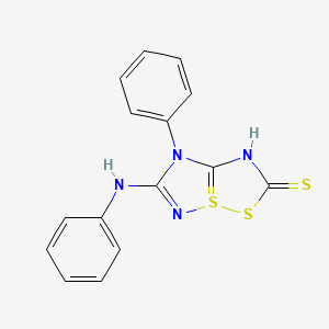 molecular formula C15H12N4S3 B12711534 2H-4l4-(1,2,4)Thiadiazolo(1,5-b)(1,2,4)dithiazole-2-thione, 1,5,6,7-tetrahydro-7-phenyl-6-(phenylimino)-, (6Z)- CAS No. 67066-05-1