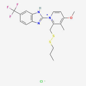 molecular formula C19H21ClF3N3OS2 B12711641 Pyridinium, 4-methoxy-3-methyl-2-((propyldithio)methyl)-1-(5-(trifluoromethyl)-1H-benzimidazol-2-yl)-, chloride CAS No. 124474-45-9