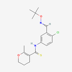 molecular formula C18H23ClN2O2S B12714459 2H-Pyran-5-carbothioamide, N-(4-chloro-3-(((1,1-dimethylethoxy)imino)methyl)phenyl)-3,4-dihydro-6-methyl- CAS No. 178870-02-5