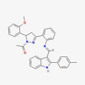 molecular formula C34H30N4O2 B12714775 1H-Pyrazole, 1-acetyl-4,5-dihydro-5-(2-methoxyphenyl)-3-(2-(((2-(4-methylphenyl)-1H-indol-3-yl)methylene)amino)phenyl)- CAS No. 133381-49-4