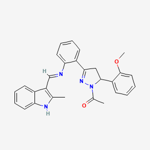 molecular formula C28H26N4O2 B12716662 1H-Pyrazole, 1-acetyl-4,5-dihydro-5-(2-methoxyphenyl)-3-(2-(((2-methyl-1H-indol-3-yl)methylene)amino)phenyl)- CAS No. 133381-40-5