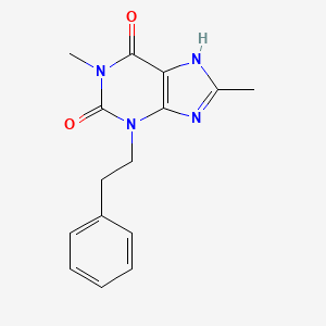 molecular formula C15H16N4O2 B12716994 1H-Purine-2,6-dione, 3,7-dihydro-1,8-dimethyl-3-(2-phenylethyl)- CAS No. 132560-11-3