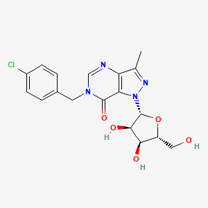 molecular formula C18H19ClN4O5 B12717346 6-(4-Chloro-benzyl)-1-(3,4-dihydroxy-5-hydroxymethyl-tetrahydro-furan-2-yl)-3-methyl-1,6-dihydro-pyrazolo(4,3-d)pyrimidin-7-one CAS No. 89889-81-6