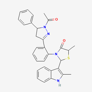 molecular formula C30H28N4O2S B12717585 1H-Pyrazole, 1-acetyl-4,5-dihydro-3-(2-(5-methyl-2-(2-methyl-1H-indol-3-yl)-4-oxo-3-thiazolidinyl)phenyl)-5-phenyl- CAS No. 133405-40-0