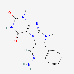 molecular formula C16H15N7O2 B12717599 1H-Imidazo(2,1-f)purine-6-carboxaldehyde, 2,3,4,8-tetrahydro-1,8-dimethyl-2,4-dioxo-7-phenyl-, 6-hydrazone CAS No. 91456-82-5