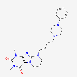 molecular formula C24H33N7O2 B12717762 Pyrimido(2,1-f)purine-2,4(1H,3H)-dione, 6,7,8,9-tetrahydro-1,3-dimethyl-9-(4-(4-phenyl-1-piperazinyl)butyl)- CAS No. 148727-25-7