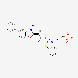 molecular formula C29H28N2O4S2 B12717781 3-Ethyl-2-(2-methyl-3-(3-(3-sulphonatopropyl)-3H-benzothiazol-2-ylidene)prop-1-enyl)-5-phenylbenzoxazolium CAS No. 35574-16-4