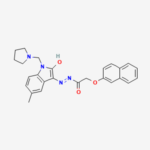 molecular formula C26H26N4O3 B12717915 Acetic acid, (2-naphthalenyloxy)-, (1,2-dihydro-5-methyl-2-oxo-1-(1-pyrrolidinylmethyl)-3H-indol-3-ylidene)hydrazide CAS No. 81215-53-4