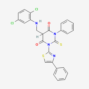 molecular formula C26H18Cl2N4O2S2 B12717921 4,6(1H,5H)-Pyrimidinedione, dihydro-5-(((2,5-dichlorophenyl)amino)methyl)-1-phenyl-3-(4-phenyl-2-thiazolyl)-2-thioxo- CAS No. 139356-74-4