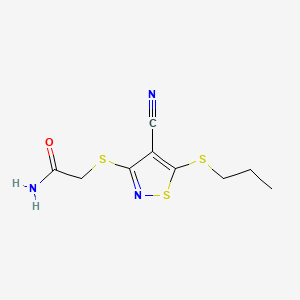 molecular formula C9H11N3OS3 B12717965 Acetamide, 2-((4-cyano-5-(propylthio)-3-isothiazolyl)thio)- CAS No. 135489-13-3