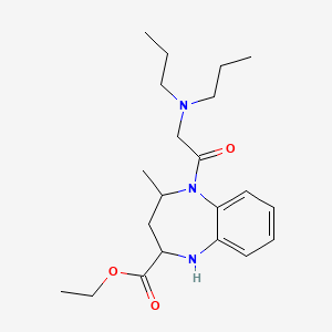 molecular formula C21H33N3O3 B12718019 1H-1,5-Benzodiazepine-2-carboxylic acid, 2,3,4,5-tetrahydro-5-((dipropylamino)acetyl)-4-methyl-, ethyl ester CAS No. 121635-58-3