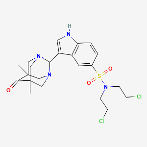 molecular formula C22H28Cl2N4O3S B12718059 1H-Indole-5-sulfonamide, N,N-bis(2-chloroethyl)-3-(5,7-dimethyl-6-oxo-1,3-diazatricyclo(3.3.1.1(sup 3,7))dec-2-yl)- CAS No. 134828-37-8