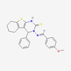 molecular formula C24H23N3OS2 B12719627 (1)Benzothieno(2,3-d)pyrimidine-2(1H)-thione, 3,4,5,6,7,8-hexahydro-3-(((4-methoxyphenyl)methylene)amino)-4-phenyl- CAS No. 135718-65-9