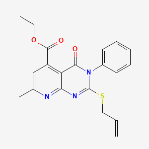 molecular formula C20H19N3O3S B12719752 Pyrido(2,3-d)pyrimidine-5-carboxylic acid, 3,4-dihydro-7-methyl-4-oxo-3-phenyl-2-(2-propenylthio)-, ethyl ester CAS No. 126596-43-8