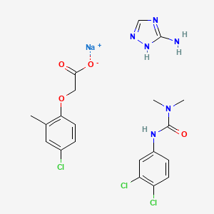 molecular formula C20H22Cl3N6NaO4 B12719977 Acetic acid, (4-chloro-2-methylphenoxy)-, sodium salt, mixt. with N'-(3,4-dichlorophenyl)-N,N-dimethylurea and 1H-1,2,4-triazol-3-amine CAS No. 65804-32-2