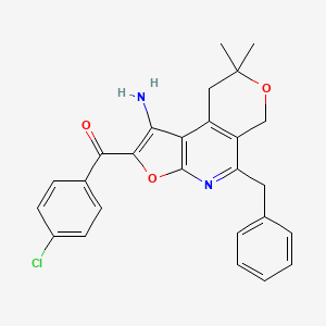 molecular formula C26H23ClN2O3 B12719990 Methanone, (1-amino-8,9-dihydro-8,8-dimethyl-5-(phenylmethyl)-6H-furo(2,3-b)pyrano(4,3-d)pyridin-2-yl)(4-chlorophenyl)- CAS No. 172985-35-2