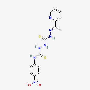 molecular formula C15H15N7O2S2 B12720325 Ammonium, hydroxyoxo(4-(((2-(((2E)-2-(1-(2-pyridinyl)ethylidene)hydrazino)thioxomethyl)hydrazino)thioxomethyl)amino)phenyl)- CAS No. 127142-10-3