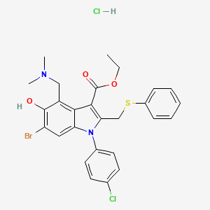 molecular formula C27H27BrCl2N2O3S B12720387 1H-Indole-3-carboxylic acid, 6-bromo-1-(4-chlorophenyl)-4-((dimethylamino)methyl)-5-hydroxy-2-((phenylthio)methyl)-, ethyl ester, monohydrochloride CAS No. 116736-26-6