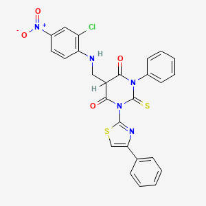 molecular formula C26H18ClN5O4S2 B12720596 4,6(1H,5H)-Pyrimidinedione, dihydro-5-(((2-chloro-4-nitrophenyl)amino)methyl)-1-phenyl-3-(4-phenyl-2-thiazolyl)-2-thioxo- CAS No. 139356-73-3