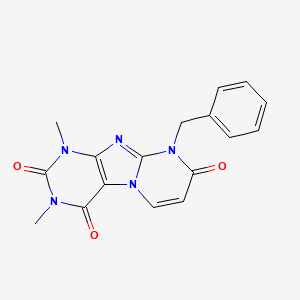 molecular formula C17H15N5O3 B12721044 Pyrimido(2,1-f)purine-2,4,8(1H,3H,9H)-trione, 1,3-dimethyl-9-(phenylmethyl)- CAS No. 120538-01-4