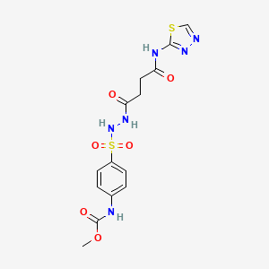 molecular formula C14H16N6O6S2 B12721093 Butanoic acid, 4-oxo-4-(1,3,4-thiadiazol-2-ylamino)-, 2-((4-((methoxycarbonyl)amino)phenyl)sulfonyl)hydrazide CAS No. 124841-05-0