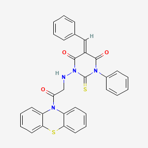 10H-Phenothiazine, 10-(((tetrahydro-4,6-dioxo-3-phenyl-5-(phenylmethylene)-2-thioxo-1(2H)-pyrimidinyl)amino)acetyl)-