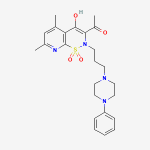 B12723685 Ethanone, 1-(5,7-dimethyl-4-hydroxy-2-(3-(4-phenyl-1-piperazinyl)propyl)-2H-pyrido(3,2-e)(1,2)thiazin-3-yl)-, S,S-dioxide CAS No. 164357-31-7