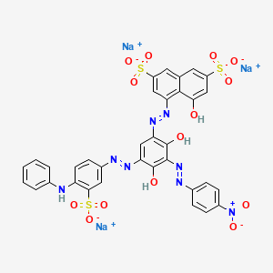 molecular formula C34H21N8Na3O14S3 B12724561 4-((2,4-Dihydroxy-3-((4-nitrophenyl)azo)-5-((4-(phenylamino)-3-sulphophenyl)azo)phenyl)azo)-5-hydroxynaphthalene-2,7-disulphonic acid, sodium salt CAS No. 94199-99-2