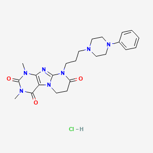 molecular formula C23H30ClN7O3 B12726979 Pyrimido(2,1-f)purine-2,4,8(1H,3H,9H)-trione, 6,7-dihydro-1,3-dimethyl-9-(3-(4-phenyl-1-piperazinyl)propyl)-, monohydrochloride CAS No. 137881-76-6