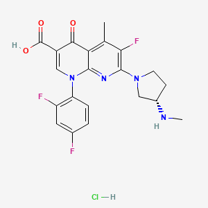 molecular formula C21H20ClF3N4O3 B12727004 1,8-Naphthyridine-3-carboxylic acid, 1,4-dihydro-1-(2,4-difluorophenyl)-6-fluoro-5-methyl-7-(3-(methylamino)-1-pyrrolidinyl)-4-oxo-, monohydrochloride, (S)- CAS No. 138668-60-7