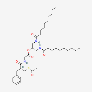 molecular formula C37H61N3O6S B12727916 Glycine, N-(2-((acetylthio)methyl)-1-oxo-3-phenylpropyl)-, 2-((1-oxodecyl)amino)-1-(((1-oxodecyl)amino)methyl)ethyl ester, (+-)- CAS No. 147879-83-2