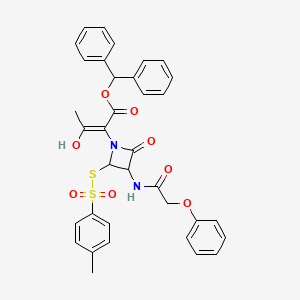 molecular formula C35H32N2O8S2 B12728533 Benzhydryl alpha-(1-hydroxyethylidene)-4-oxo-3-((phenoxyacetyl)amino)-2-(((p-tolyl)sulphonyl)thio)azetidine-1-acetate CAS No. 84823-49-4