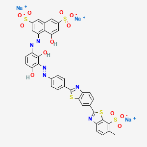 Trisodium 4-((2,4-dihydroxy-3-((4-(6-methyl-7-sulphonato(2,6'-bibenzothiazol)-2'-yl)phenyl)azo)phenyl)azo)-5-hydroxynaphthalene-2,7-disulphonate